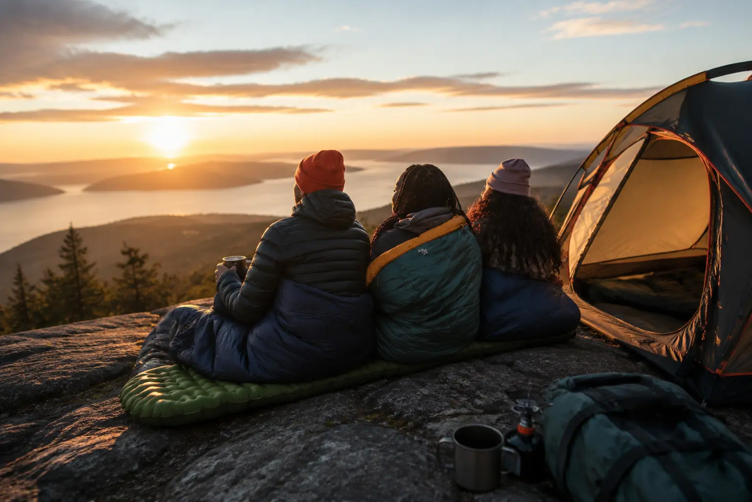 Three friends on a camping trip on sleeping bags